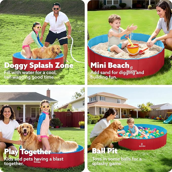 SLOOSH Foldable Dog Kiddie Pool - Portable Hard Plastic Doggie Swimming Pool, Anti-Slip Collapsible Pets Bath Tub Suitable for Kids Indoor Outdoor Backyard Use (Red, 48" x 12")