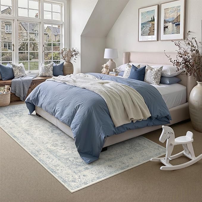 8x10 Blue Washable Area Rug Non Slip Vintage Carpet | Low Pile, Stain Resistant, Living Room, Bedroom, Nursery, Office, Playroom, Dining Room, Soft, Large, Lightweight