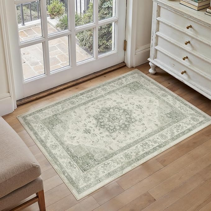 Green 2x3 Washable Area Rug Entryway Vintage Oriental Doormat | Soft Low Pile, Non Slip, Stain Resistant, Floral Medallion, Neutral Retro Decor for Kitchen, Bathroom, Bedroom, Office