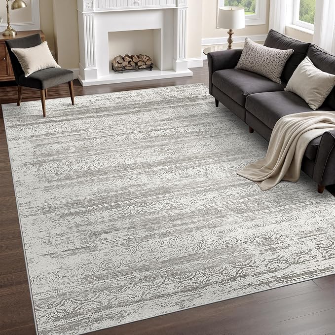Miukiki 5x7 Washable Area Rug for Living Room, Soft Non Slip Rug Grey | Non-Slip Thin Throw Rug for Bedroom Kitchern Dining Room Office, Low Pile Indoor Floor Carpet with Vintage Pattern 5'x7'