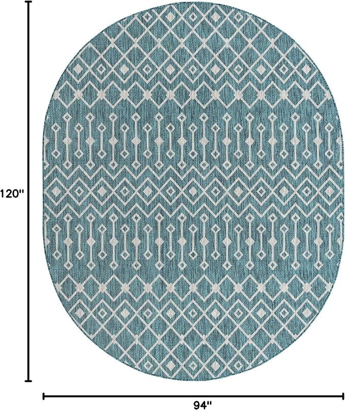 Unique Loom Outdoor Trellis Collection Area Rug - Tribal Trellis (7' 10" x 10' Oval, Teal/ Ivory)