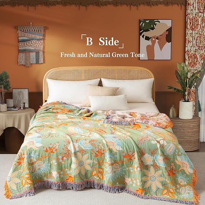 Phuryllic Boho Throw Blanket Full Size, Soft Cozy Cotton Muslin Quilt Blanket for Bed Decor, Floral Patterned Couch Sofa Chair Cover, Vintage Farmhouse Cottage Tapestry Woven Blanket, Coral&Green