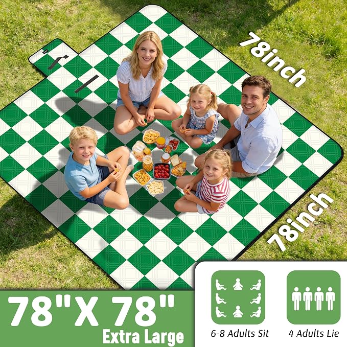 Doonly Picnic Blanket, Large Waterproof Sandproof Beach Blanket, Foldable Outdoor Blanket Gingham Picnic Mat for Beach, Camping, Park, Grass, Lawn, Travel (Green)