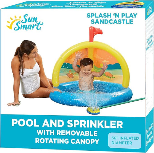 SunSmart Splash 'N Play Sandcastle - Inflatable Kiddie Pool and Sprinkler with Removable, Rotating Canopy