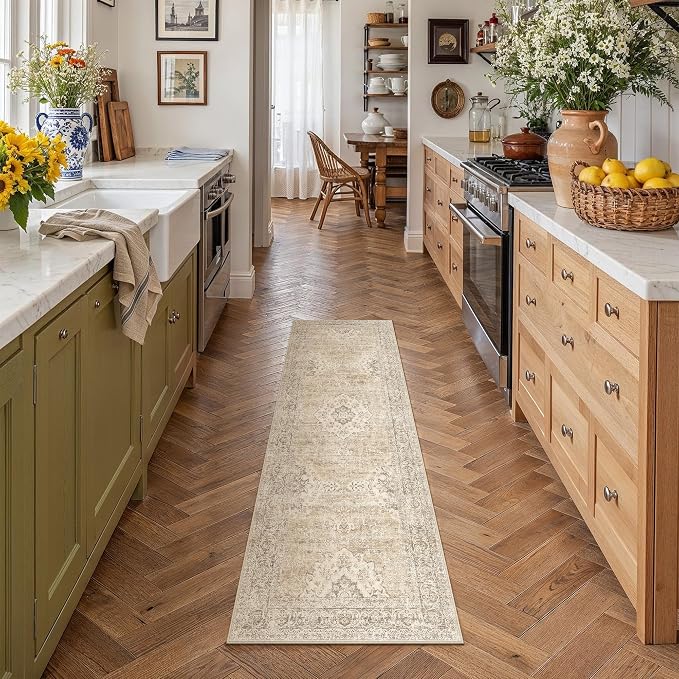 2x6 Taupe Washable Runner Rug Non Slip Vintage Carpet | Low Pile, Stain Resistant, Living Room, Kitchen, Bedroom, Entryway, Laundry Room, Hallway, Soft, Thin, Lightweight
