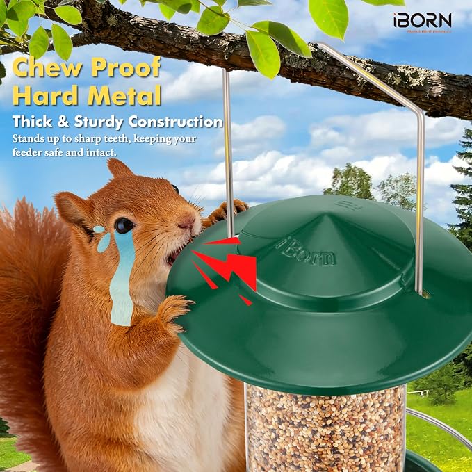 iBorn Bird Feeder Metal Squirrel Chew-Proof Bird Feeders for Outdoors Hanging for Cardinal Outside, Holds 1.32LB Seed with 3 Perchs, Green (Seed is not Included)