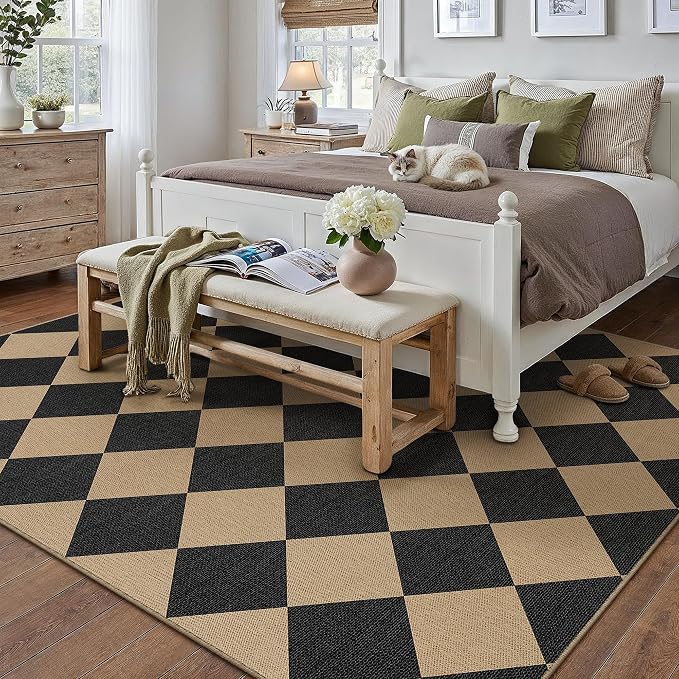 PureCozy 8x10 Checkered Easy Jute Area Rug for Living Room Large Checkerboard Washable Indoor Outdoor Carpet Farmhouse Patio Office Mat Geometric Non Slip Black Carpet for Backyard Dining Room