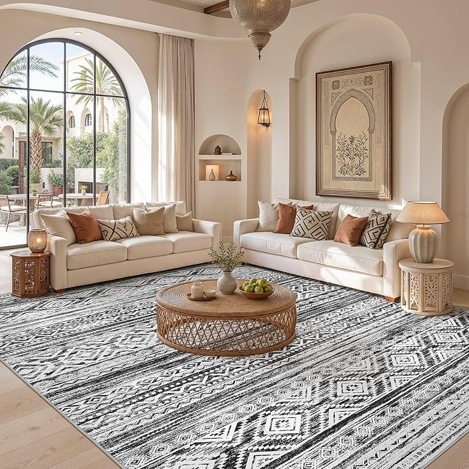 cotiled Boho 7x10 Area Rug for Living Room: Large Moroccan Washable Rug | Solve Modern Neutral Trendy Home Decor - Stain Resistan Indoor Carpet for Bedroom Farmhouse Dining Room White Black