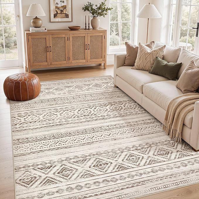 cotiled Boho 5x8 Area Rugs for Living Room: Soft Moroccan Washable Rug | Solve Modern Neutral Trendy Home Decor - Stain Resistan Indoor Carpet for Bedroom Dining Room Dark Brown