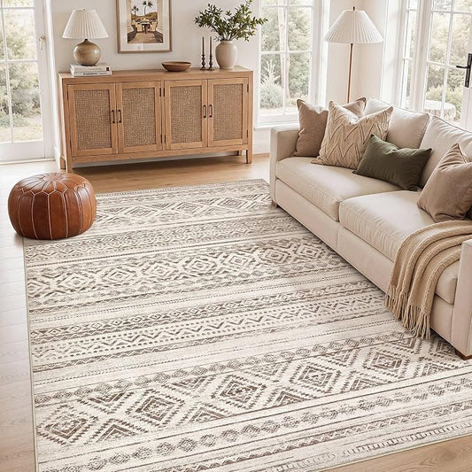 cotiled Boho 5x7 Area Rugs for Living Room: Soft Moroccan Washable Rug | Solve Modern Neutral Trendy Home Decor - Stain Resistan Indoor Carpet for Bedroom Dining Room Dark Brown