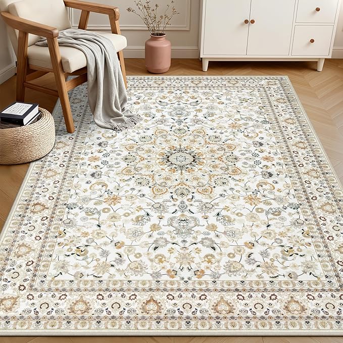 3x5 Area Rugs Living Room: Washable Vintage Rug for Bedroom Beige | Boho No Slip Stain Resistant Rug Soft Indoor Decor Floor Floral 3x5 Area Rugs for Dining Room, Nursery, Hallway, Home Office