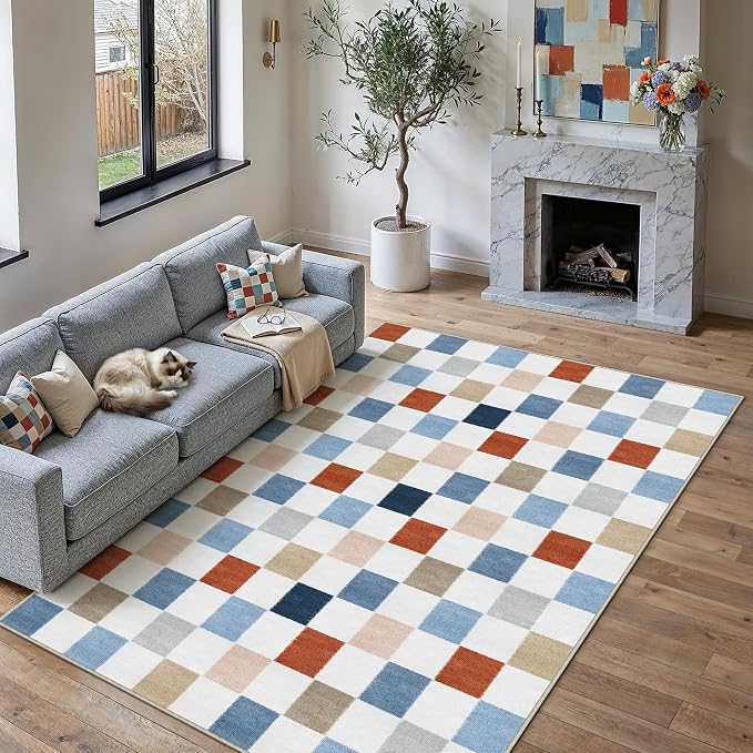 9x12 Washable Area Rug Living Room Colorful Large Non Slip Carpet | Soft, Low Pile, Modern, Pet Friendly, Indoor Rugs for Bedroom, Office, Nursery, Dining Room, Kids Room