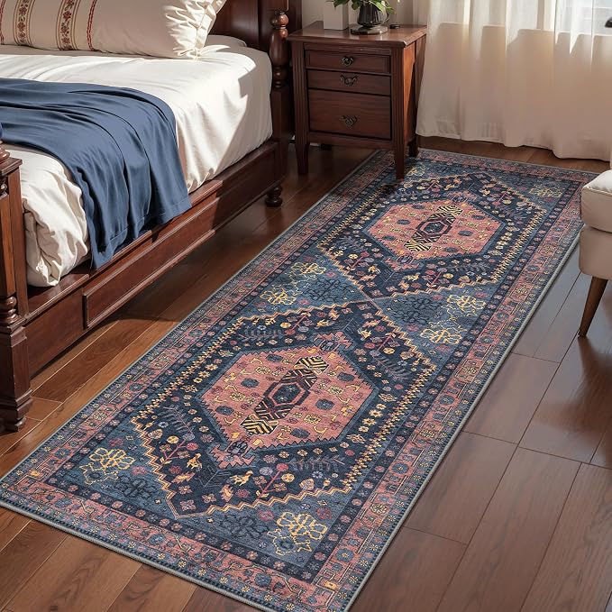Ciicool Washable Non Slip Runner Rug,2x6ft Vintage Hallway Kitchen Rugs | Soft Oriental Indoor Mat Navy Boho Entry Carpet for Entrance Bedroom Bedside Living Room Laundry Bathroom Decor