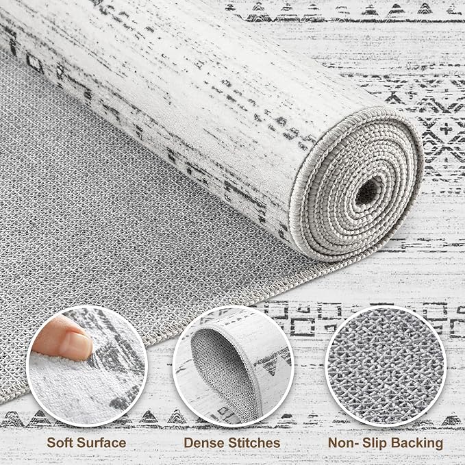 Nakagishi Boho 5x8 Area Rug Living Room Rugs Machine Washable Gray | Soft, Pet & Kid Friendly, Carpet for Living Room/Bedroom/Office/Kitchen/Nursery, Daily Home Decor Stain Resistant Moroccan
