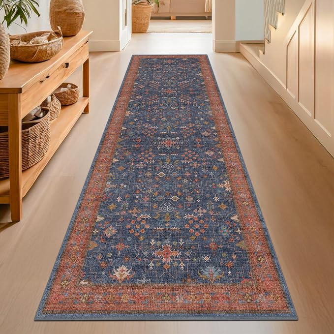 Washable 3x8 Long Runner for Wide Kitchen Floor - Navy Blue 8ft Hallway Runner Rug, Pet Friendly Waterproof Non Slip with Rubber Backing, Stain Resistant Area Rug