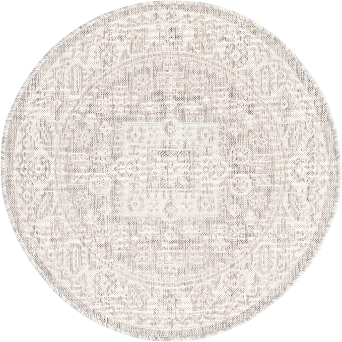 Unique Loom Outdoor Aztec Collection Area Rug - Chalca (3' 3" Round, Light Gray/ Ivory)