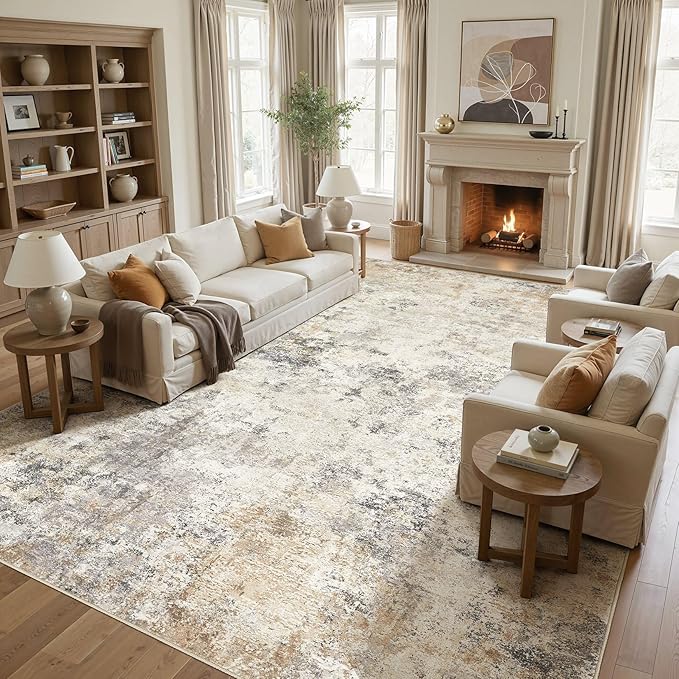 UERMEI 11x14 Area Rug Living Room Rugs - Washable Neutral Modern Abstract Soft Thin Large Rug Indoor Floor No Slip Rug Carpet for Bedroom Under Dining Table Home Office Decor - Golden Grey