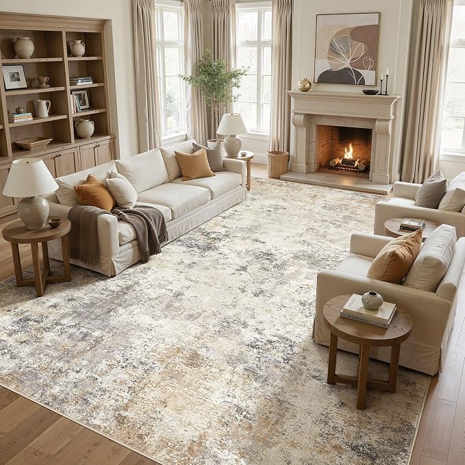UERMEI 12x15 Area Rug Living Room Rugs - Washable Neutral Modern Abstract Soft Thin Large Rug Indoor Floor No Slip Rug Carpet for Bedroom Under Dining Table Home Office Decor - Golden Grey