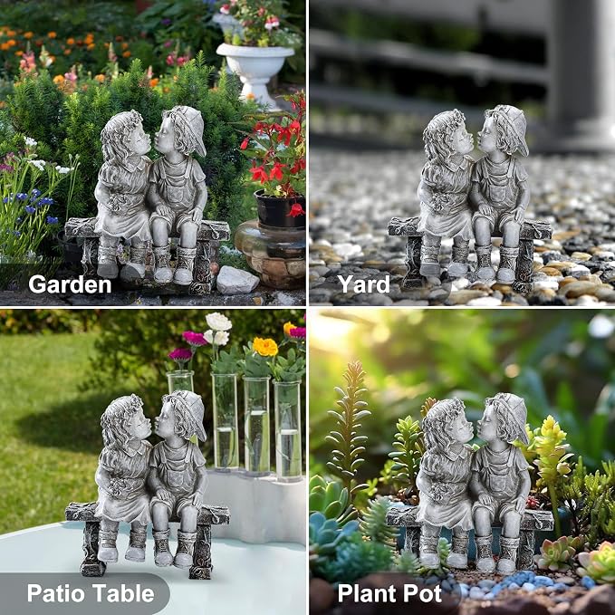 Lily's Home 8.25-Inch First Kiss Statue - Resin Garden Decor for Outside - Outdoor and Garden Decorations - Little Girl and Boy Kissing Yard Miniature Figurine - Small and Exquisite