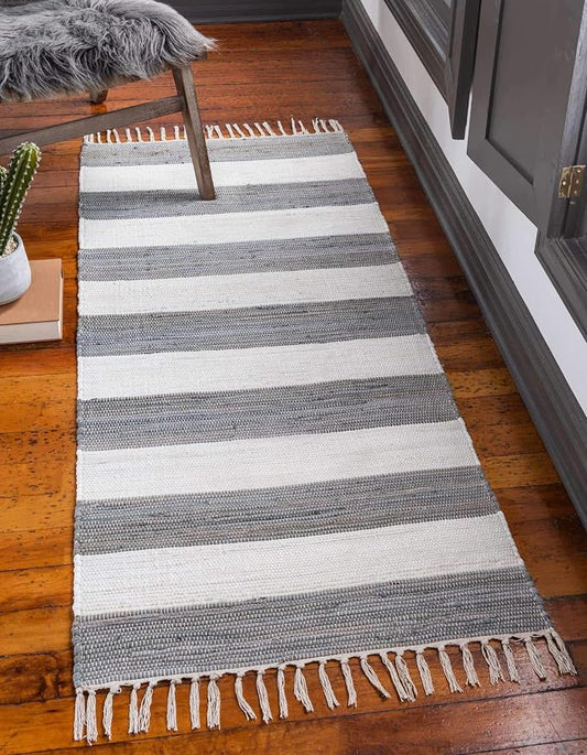 Unique Loom Chindi Rag Collection Area Rug - Striped (2' 2" x 8' Runner, Gray/ Ivory)