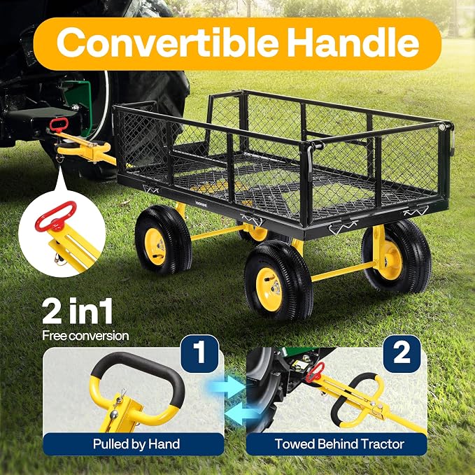 VIVOHOME Steel Garden Cart Heavy Duty 900 LBS 4.5 Cu Ft Utility Wagon | Removable Sides, 10 inch Tire and Handle Attach to ATV or Tractor Green