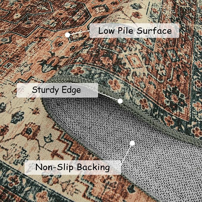 Moynesa 8x10 Ultra-Thin Vintage Area Rug - Oriental Print for Bedroom, Living Room, Under Table, Office, Entryway - Brick Red/Dull Teal