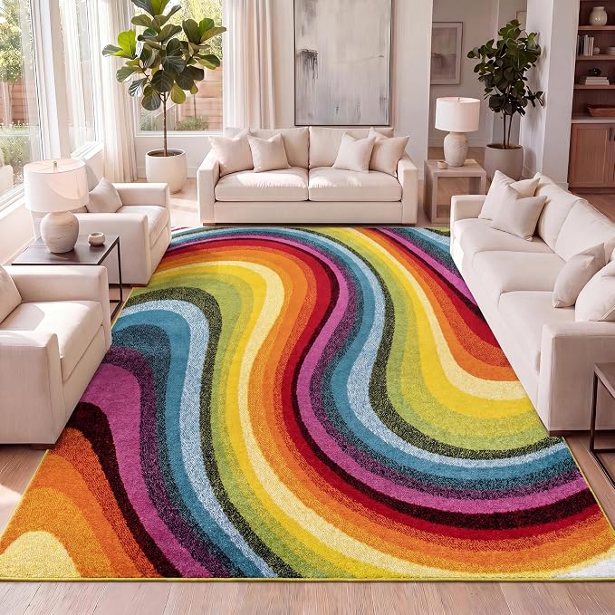 JONATHAN Y Flow Abstract Swirl Indoor Area Rug 3x5, Red/Yellow/Blue, Modern, Coastal, Easy-Cleaning for Living Room, Bedroom, Kitchen, Pet Friendly, Non-Shedding (DZC100A-3)