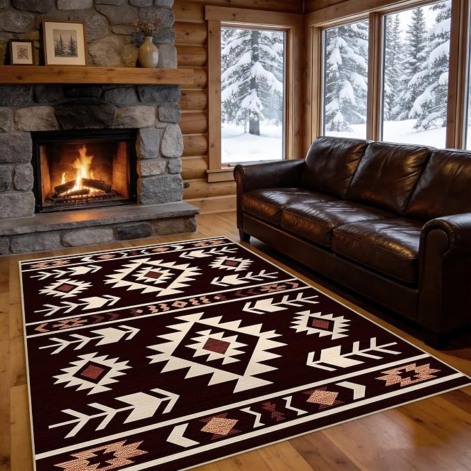 Area Rug 5x7 Western Rug Living Room Southwestern Aztec Tribal Rugs Southwest Navajo Machine Washable Non-Slip Printed Low-Pile Floor Carpet for Bedroom Dining Room Office, Red Brown