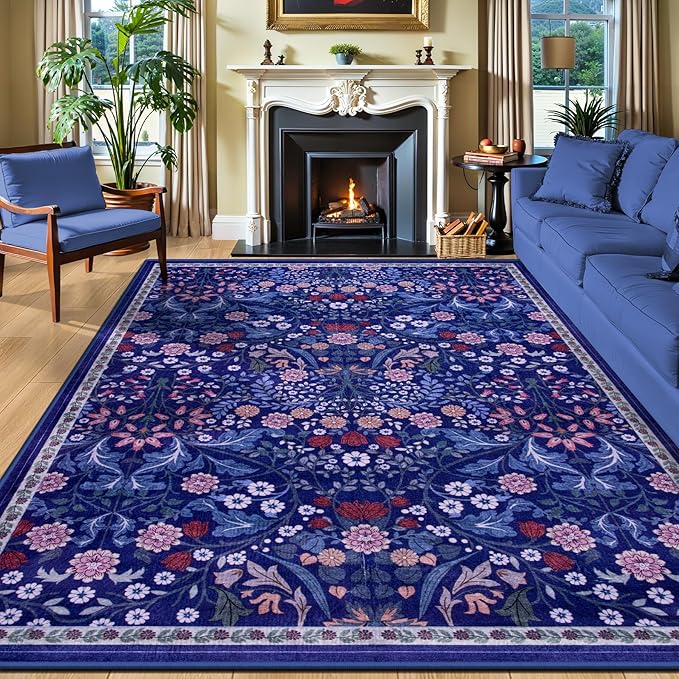 PLHXFR Area Rug 10x12 Living Room: Floral Washable Boho Soft Carpet Blue | For Bedroom Dining Room Farmhouse Nursery Hallway,Vintage Floral,Machine washable,Non Slip,Stain Resistant,Large Indoor