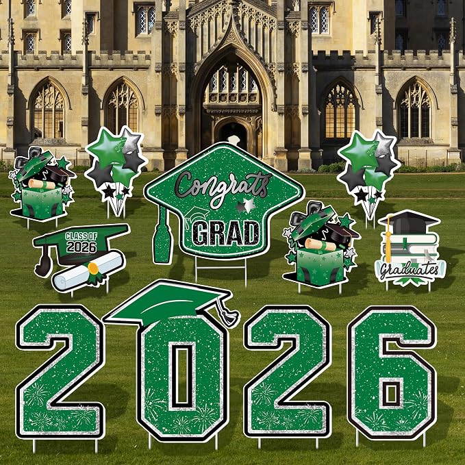 Large 11 PCS Graduation Yard Signs, Class of 2026 Congrats Grad Outdoor Lawn Yard Sign with Stakes, Graduate Yard Decorations for College High School Party, Black and Green