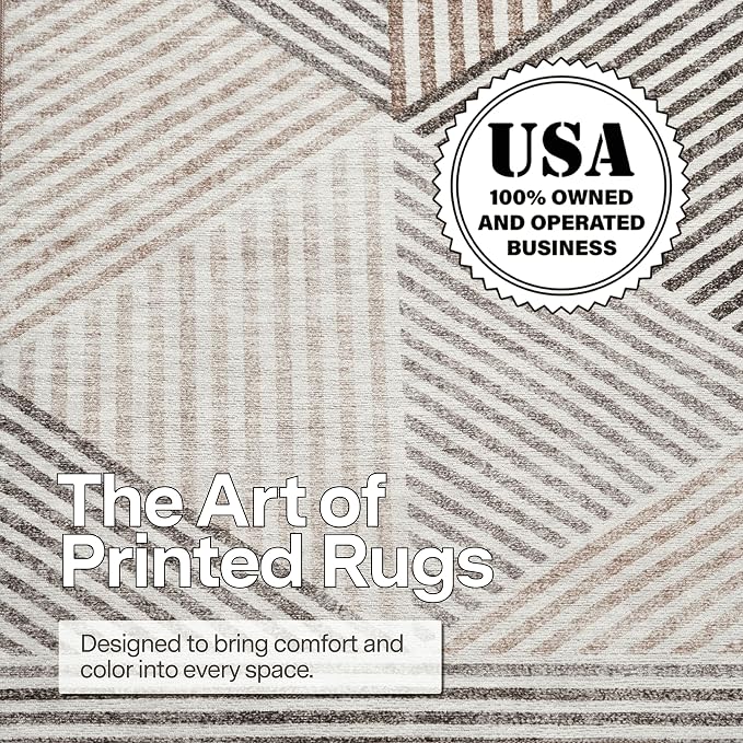Machine Washable Area Rug Runner - Living Room Bedroom Bathroom Kitchen Entryway Office - Padded Low Pile Stain Resistant Premium - Modern Geometric Contemporary - Miles - Beige 3' x 5'