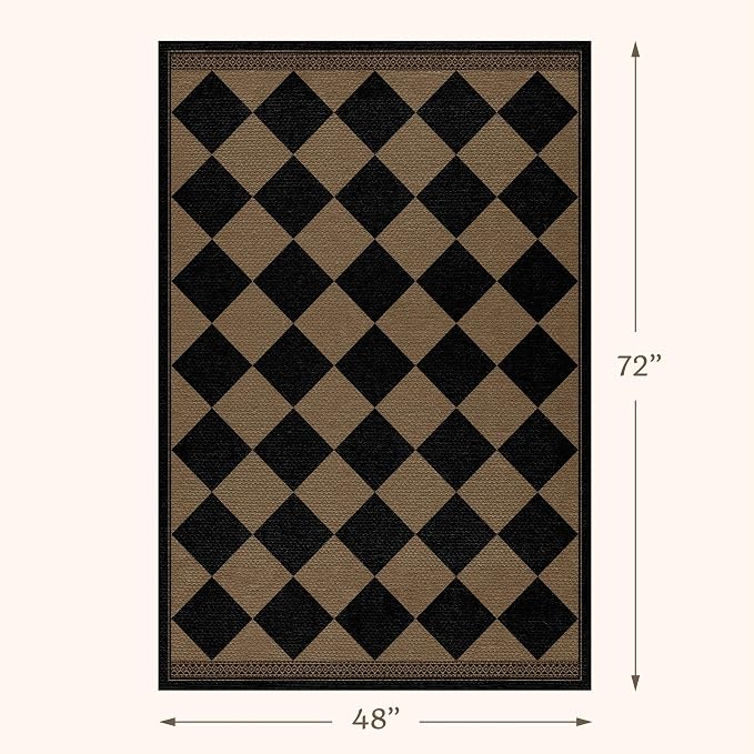 Black & Brown Checkered Easy Jute Outdoor Rug 4x6 for Porch Patio, Washable Non-Slip Diamond Checkerboard Entryway Office and Backyard Boho Border Rug, Farmhouse Low Pile Indoor Carpet for Living Room