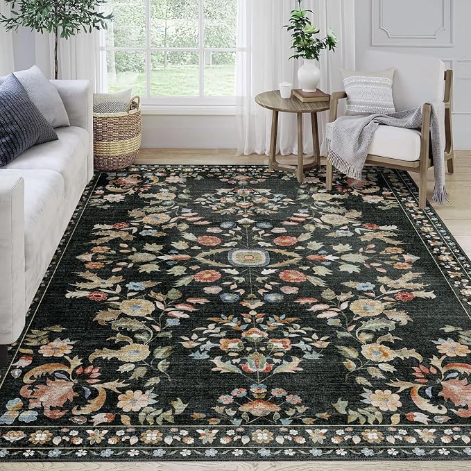 5x7 Area Rugs Washable Floral Rug Non Slip Ultra-Thin Large | Machine Washable Throw Carpet for Living Room Bedroom Office Dining Room Floor Indoor Low Pile Boho Vintage Black
