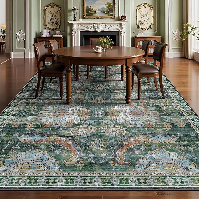 9x12 Area Rug, Vintage Retro Soft Washable Rug, Non-Slip Low Pile Rugs for Living Room, Bedroom, Dining Room, Stain Resistant Home Decor Rug (Green)