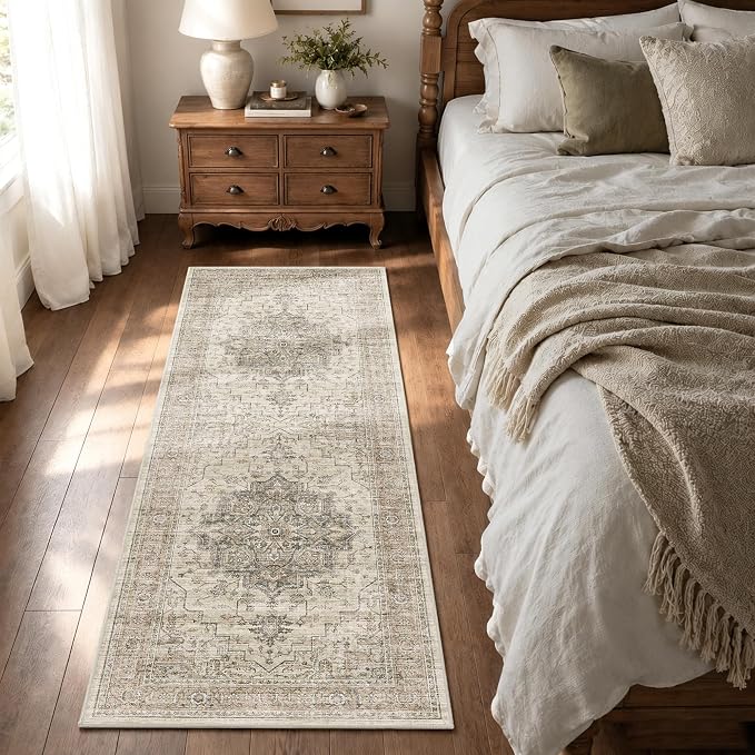 2x6 Vintage Runner Rug Low Pile Non-Slip Washable Hallway Rug | Retro Print, Non-Shedding, Soft Washable Neutral Carpet, Stain Resistant Runner, for Hallway Kitchen Bedroom Laundry Room
