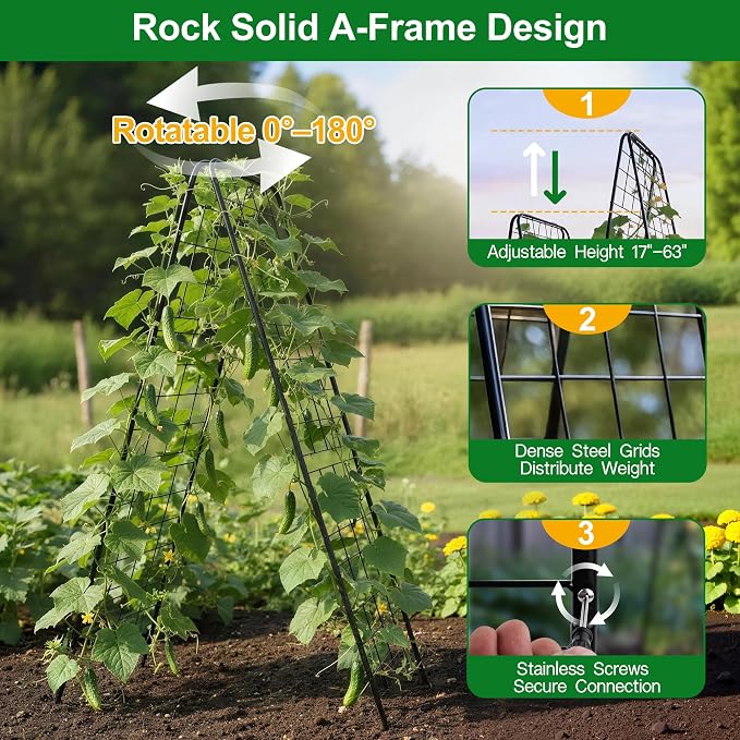 WAENLIR 63x17inch Cucumber Trellis Tomato cage with Dense Steel Grid–A-Frame Heavy Duty Metal Trellis for Raised Beds, Cattle Panels for Garden Trellis for Climbing Plants Outdoor (Black, 63x17inch)