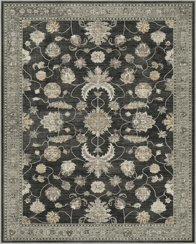 5x7 Area Rug for Living Room Vintage Neutral Washable Rugs | Stain Resistant Farmhouse Boho Floral Indoor Carpet for Bedroom Office and Home Decor(Black&Gold)