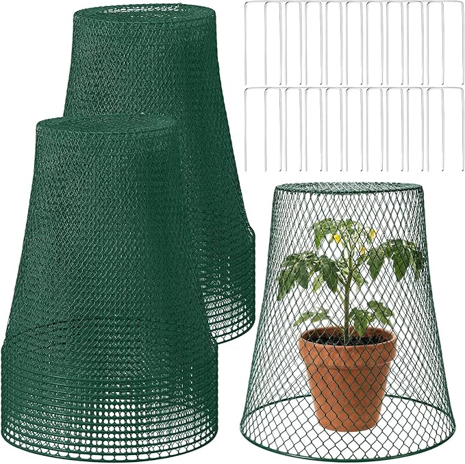 Therwen 15 Pcs Large Plant Wire Cloche 11 x 12 Inch Metal Garden Cloche with Garden Stakes Plant Protector from Animals for Keeping Bunnies Chicken Squirrels Birds (Green)