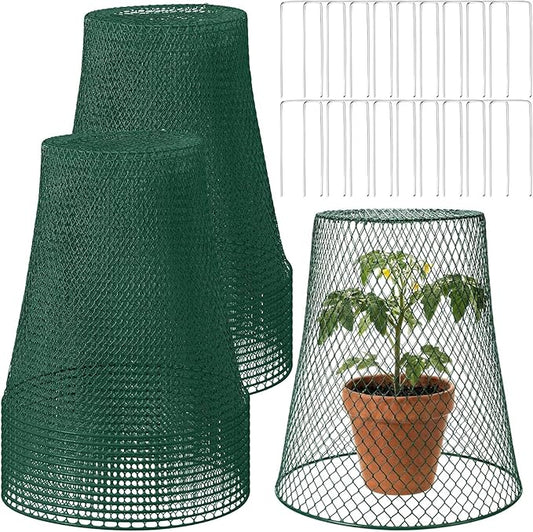 Therwen 15 Pcs Large Plant Wire Cloche 11 x 12 Inch Metal Garden Cloche with Garden Stakes Plant Protector from Animals for Keeping Bunnies Chicken Squirrels Birds (Green)