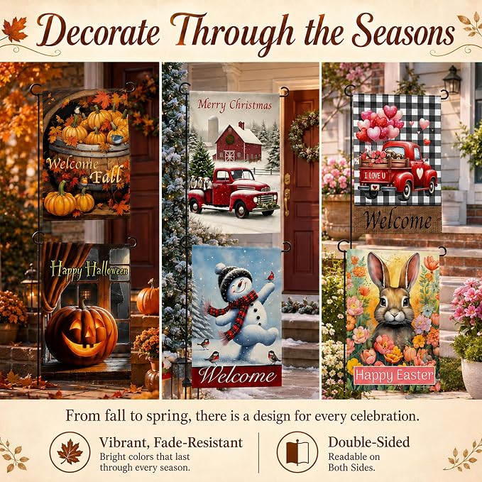 Seasonal Garden Flags Set of 10 for Outside, Yard Flags 12x18 inch Double Sided, Outdoor Small Garden Spring Summer with Anti-Wind Clip and Stopper, Holiday Lawn Decorative Decor Fall