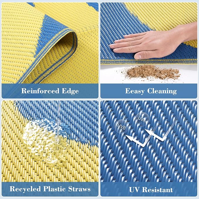 Lahome Coastal Coral 8x10 Outdoor Beach Pool Rug, Plastic Camping Rugs for Outside Your Rv, Lightweight Waterproof Outdoor Carpets for Picnic Patio, Blue/Yellow 8'x10'