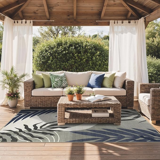 GENIMO Outdoor & Indoor Area Rug 4'x6', Waterproof, Non-Shedding, Easy Cleaning, Leaf Mat for Patio, Living Room, Balcony, Dining Room, RV, Deck, Bedroom, Camping, Outside Carpet, Blue Grey