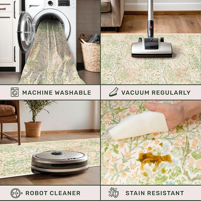 Beige Green 2'6" x 10' Runners for Wide Hallways Non Slip, Extra Long 10ft Floor Runner for Kitchen, Entryway Indoor, Washable Rubber Backing Stain Resistant - Vintage Floral Décor