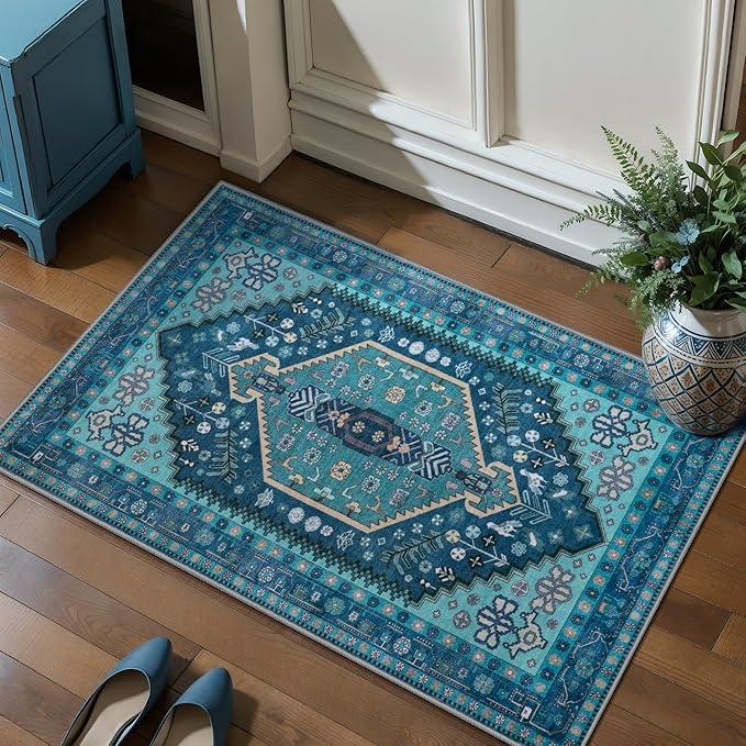 Ciicool 2x3ft Small Area Rug,Washable Boho Thin Mat for Entryway Kitchen | Oriental Non-Slip Low-Pile Indoor Teal Carpet Entry Rugs for Entrance Bedroom Kitchen Bathroom Foyer Decor