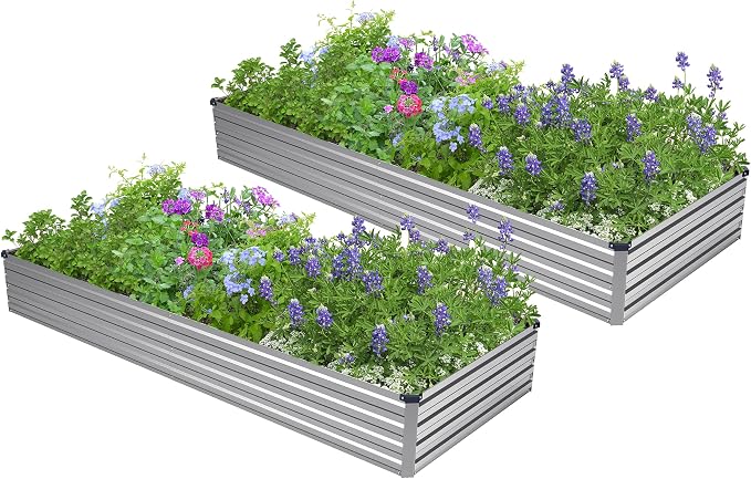 2PCS 8x4x1ft Galvanized Raised Garden Bed,Outdoor Planter Box Metal Patio Kit Planting Bed for Vegetables Flowers Herb,Silver