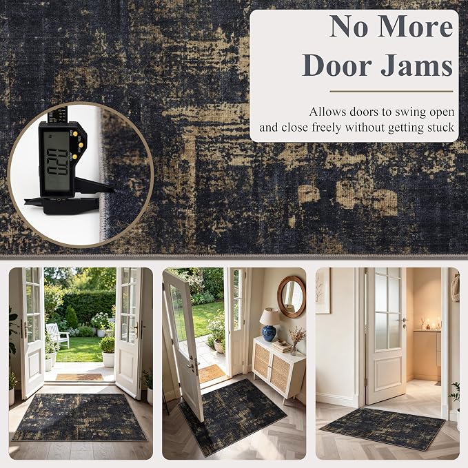 Sasttie 3x5 Entryway Area Rug, Modern Abstract Small Carpet, Black & Gold | Machine Washable, Ultra-Soft Faux Wool, Non-Slip, Low Pile, Throw, Thin, for Entrance, Door-Mat, High-Traffic Areas