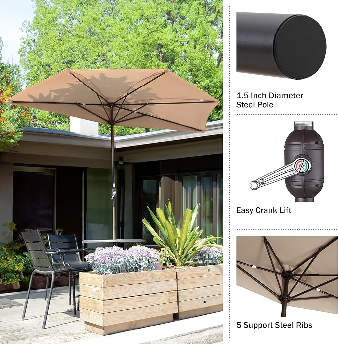 Half Umbrella Outdoor Patio Shade - 9 ft Patio Umbrella with Easy Crank - Small Canopy for Balcony, Table, or Deck by Pure Garden (Beige)