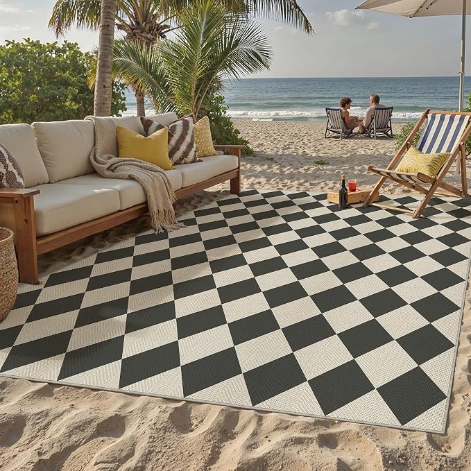 PureCozy 9x12 Checkered Chevron Pattern Area Rug for Living Room Large Checkerboard Washable Indoor Outdoor Carpet Farmhouse Patio Office Mat Geometric Non Slip Black Carpet for Backyard Dining Room