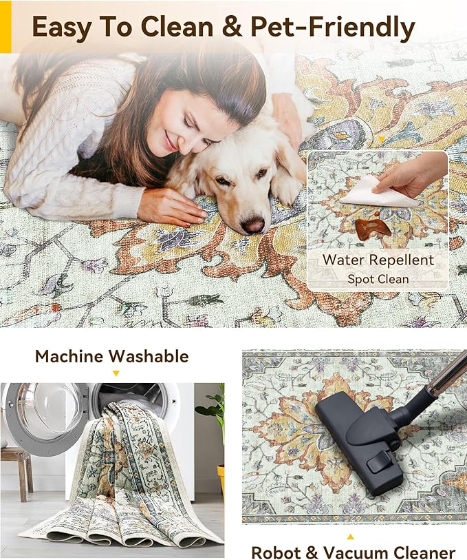 RELEANY Washable Area Rug, 3'x5', Beige/Carbon Grey/Orange | Non-Slip, Water Repellent, Pet Friendly, Easy to Clean, Vintage Floral Boho Decor for Living Room Bedroom Beside Kitchen
