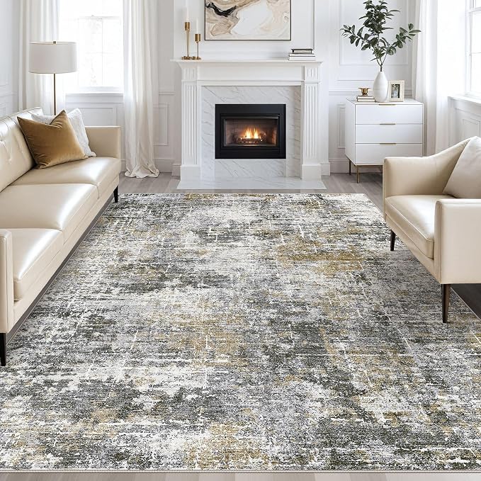 kakania Abstract 10x12 Area Rugs for Living Room: Washable Rugs Black Gold | Soft, Non-Slip, Low-Pile, Pet & Kid Friendly - Large Modern Home Decor Carpet for Bedroom/Dining Room/Office/Nursery